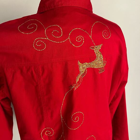 QUAKER FACTORY | Red Christmas Gold Sequin Embroidered Reindeer Jacket | Women's - Picture 5 of 11